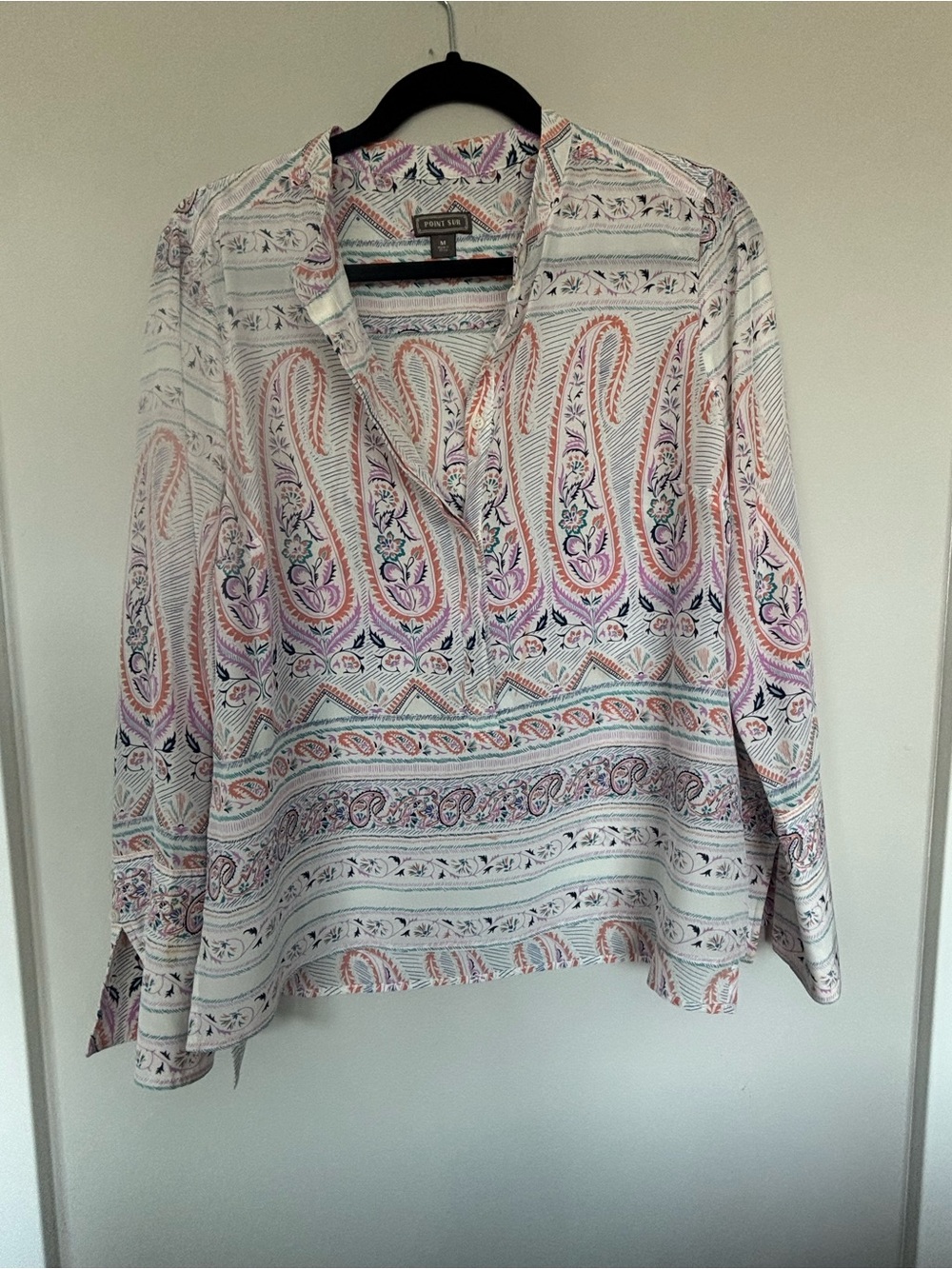 Point Sur Silk White Paisley-Print Split V-Neck Blouse with Pink Accents